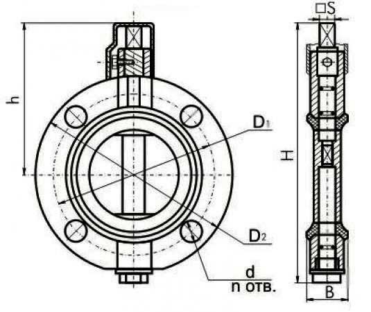 Габаритная схема дискового затвора поворотного ДУ-50